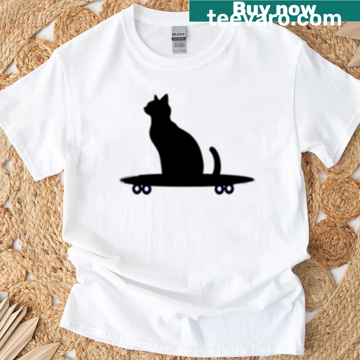 Illustration of a black cat riding a skateboard with a fun design — on a men's t-shirt