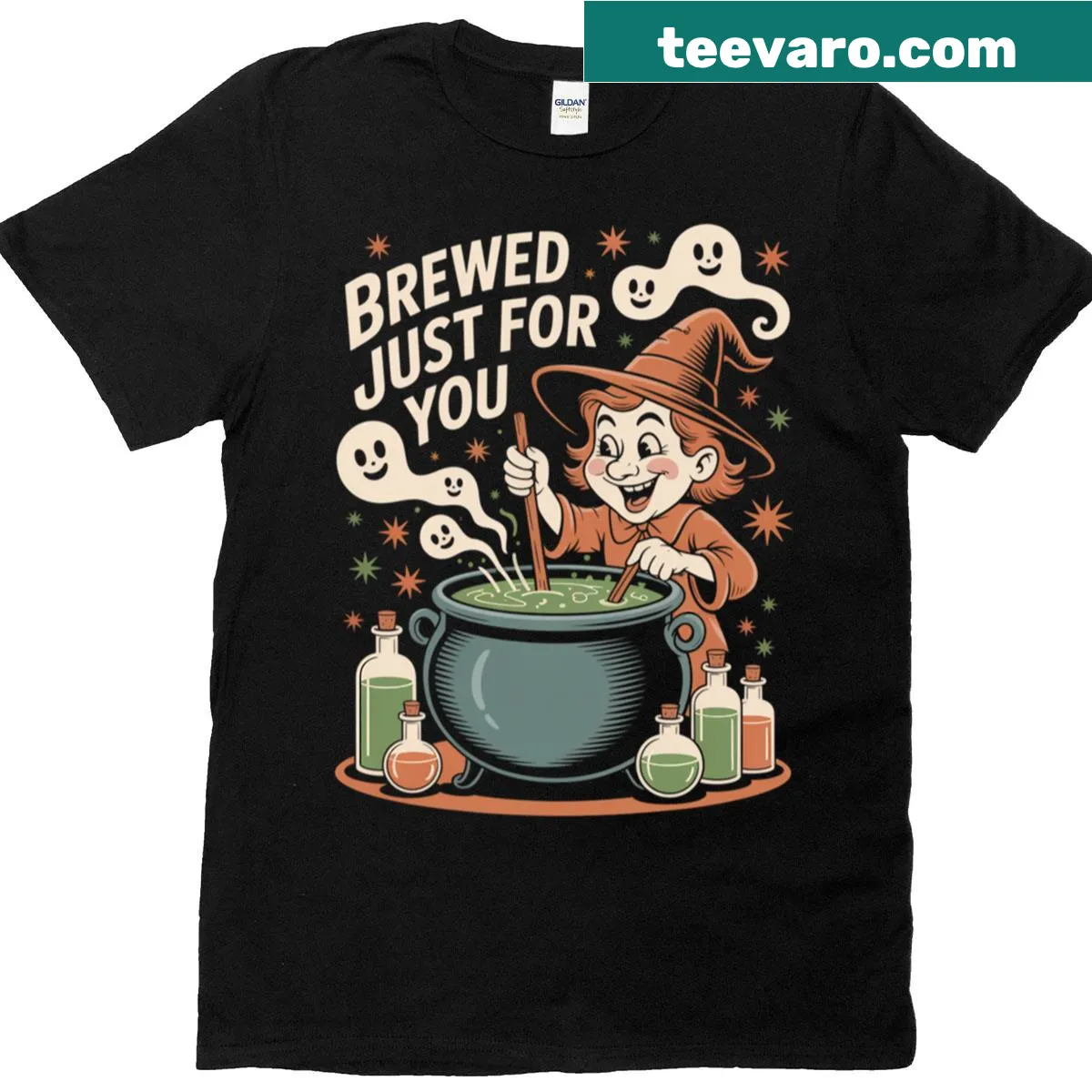 Halloween-themed T-shirt with a witch's brew illustration and potion bottles — on a men's t-shirt