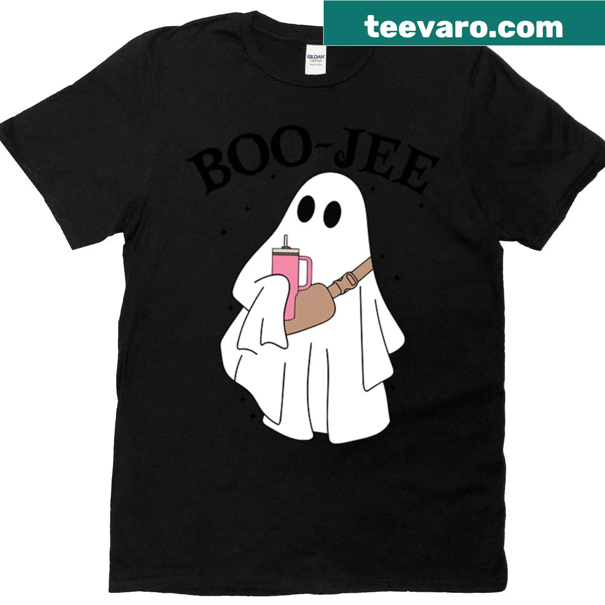 Cute T-shirt featuring a charming cartoon ghost for Halloween — on a men's t-shirt