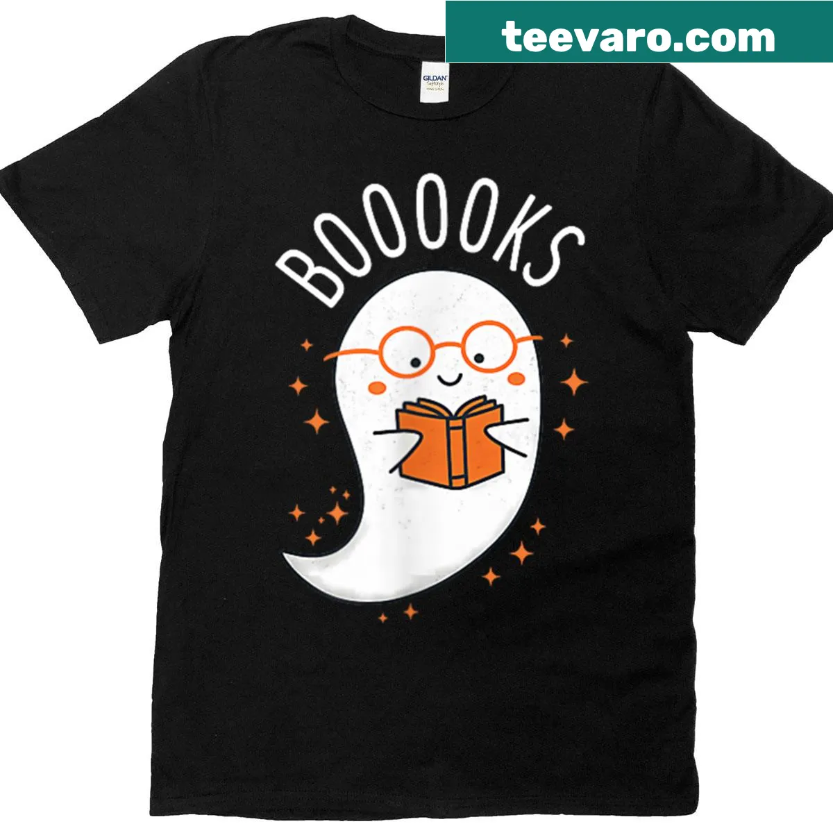 Funny Halloween t-shirt with ghost and book pun — on a men's t-shirt
