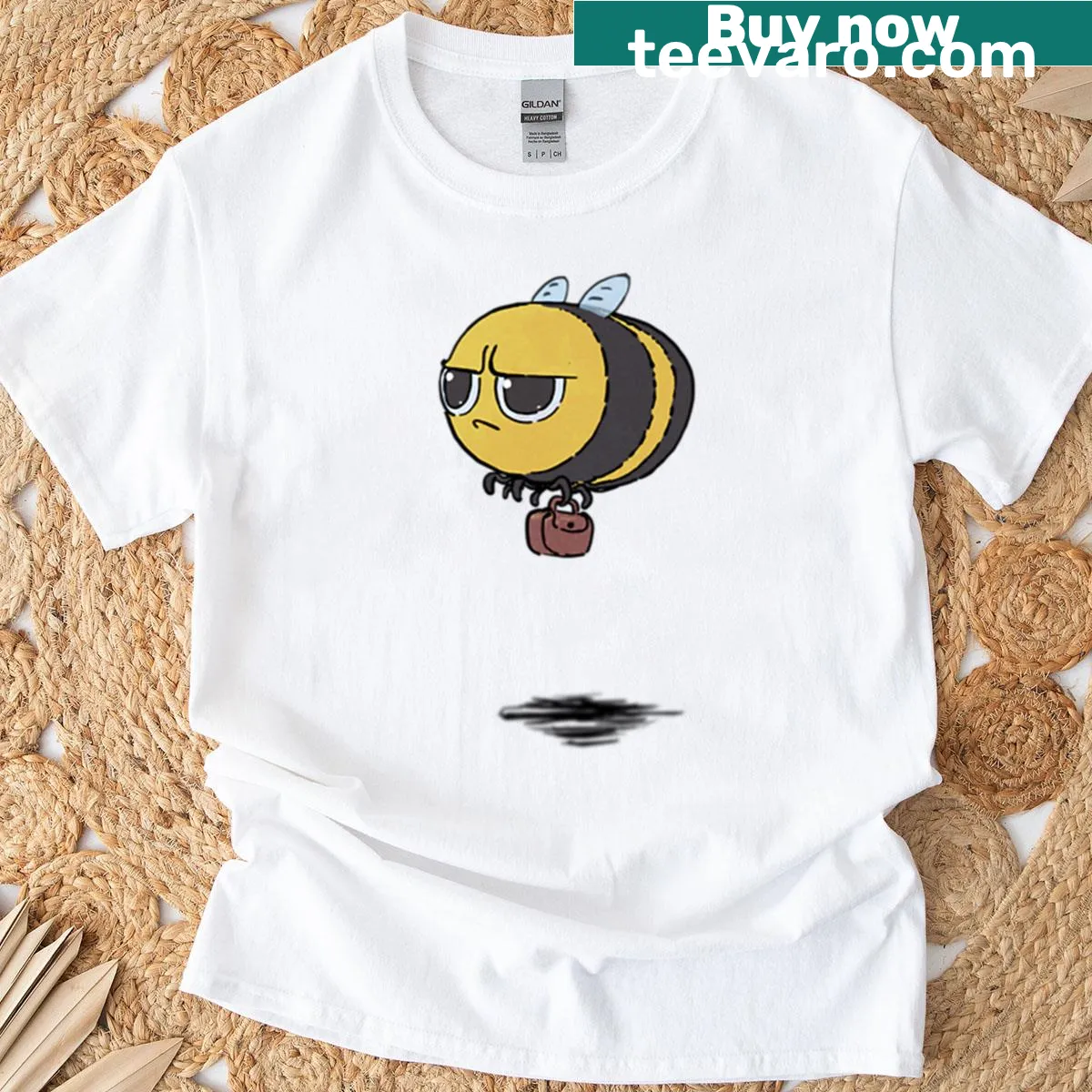 Cartoon bored bee lounging on a flower in a playful design — on a men's t-shirt