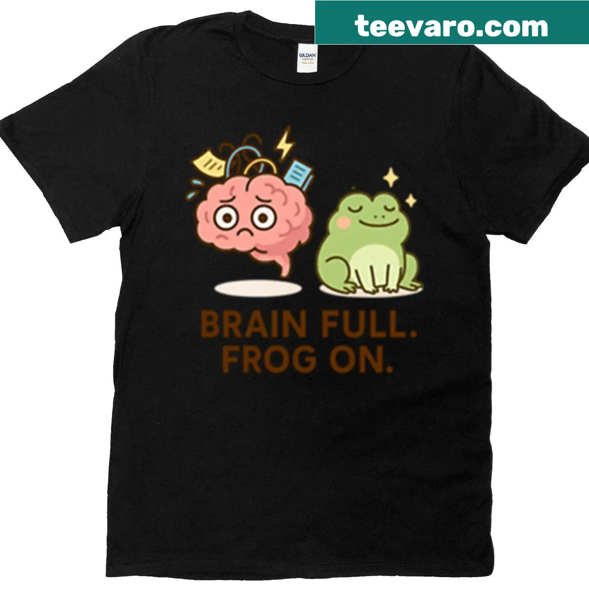 Cute cartoon frog design with 'Brain Full' text on T-shirt — on a men's t-shirt
