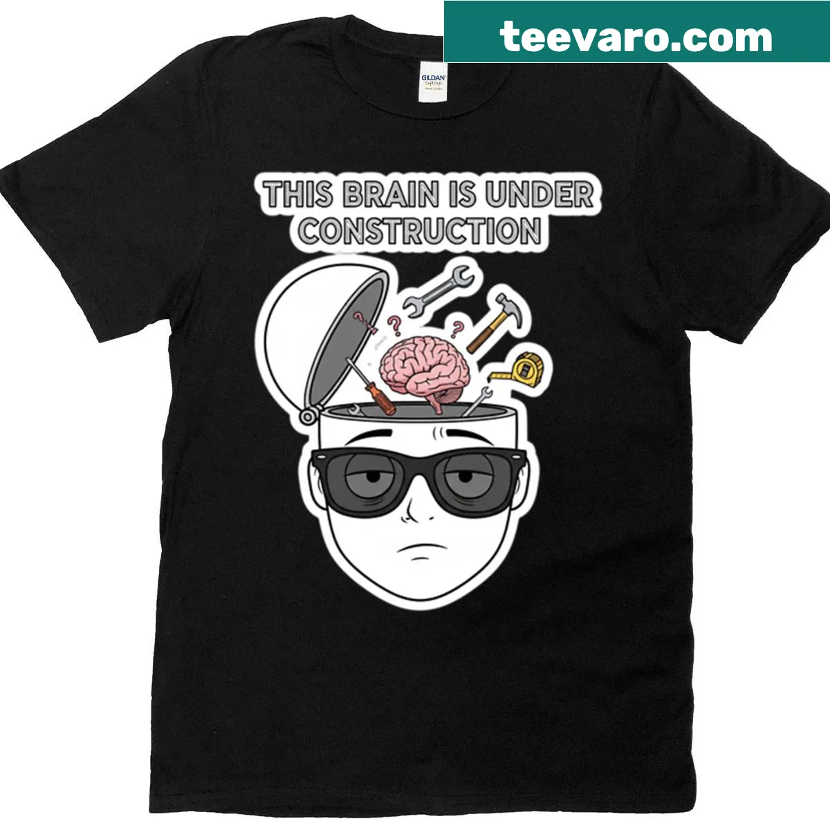Oversized t-shirt with a humorous 'Brain Under Construction' graphic. — on a men's t-shirt