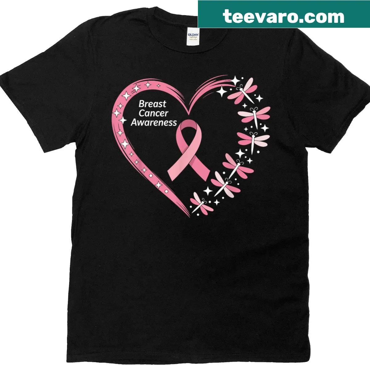 Breast cancer awareness t-shirt featuring dragonflies around a heart design. — on a men's t-shirt