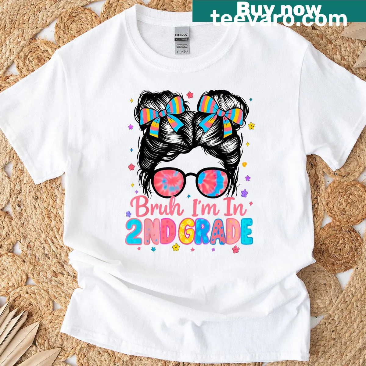 Back to school t-shirt with 'Bruh, I'm in 2nd Grade' text and messy bun — on a men's t-shirt