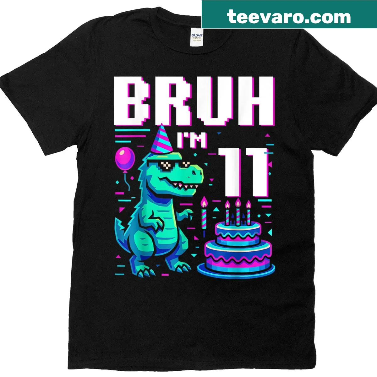 Fun birthday T-shirt with a pixel dinosaur and cake illustration — on a men's t-shirt