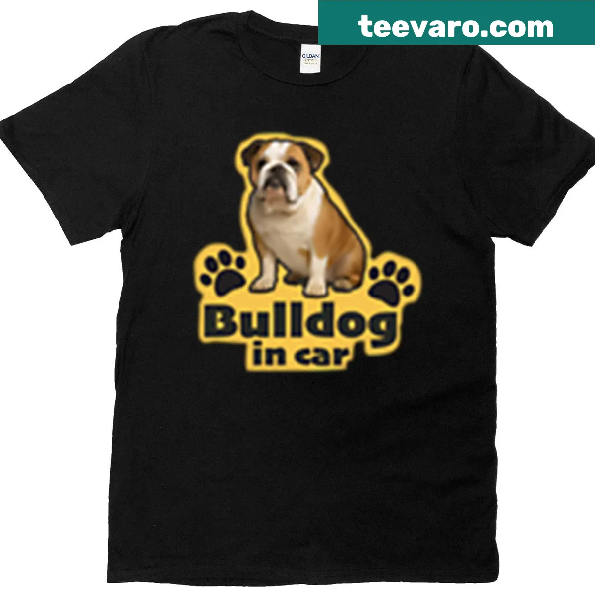 T-shirt featuring a bulldog graphic, resembling a car sticker — on a men's t-shirt