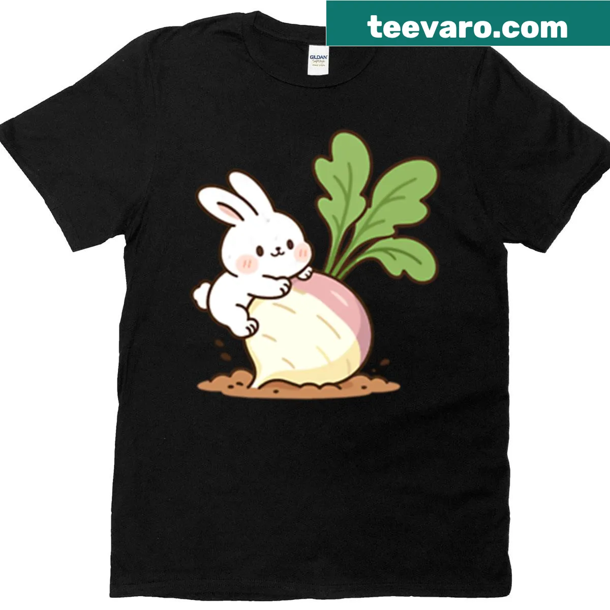 Whimsical graphic of a bunny with a giant turnip on a T-shirt — on a men's t-shirt