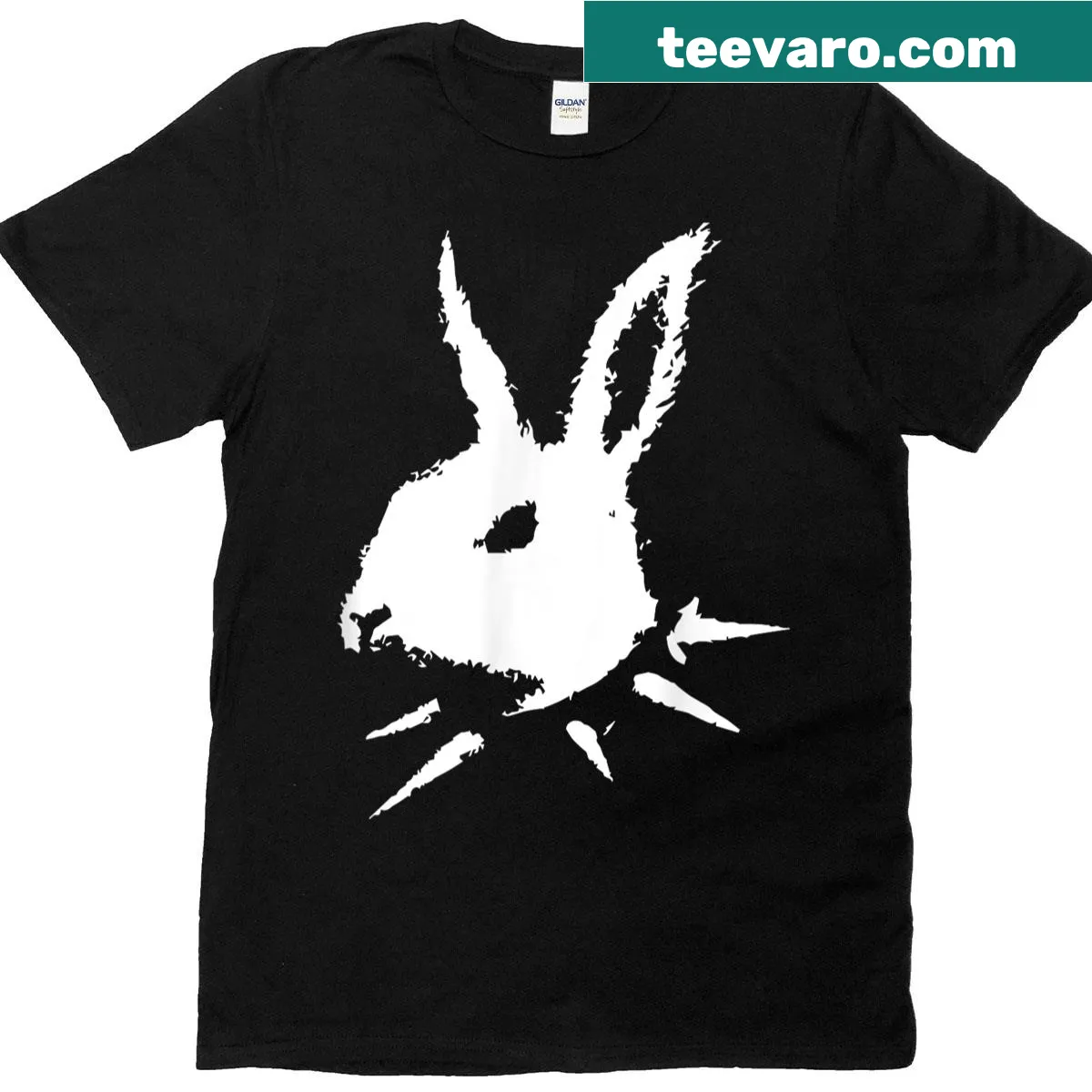 Punk-style t-shirt featuring a bunny skull with goth elements — on a men's t-shirt