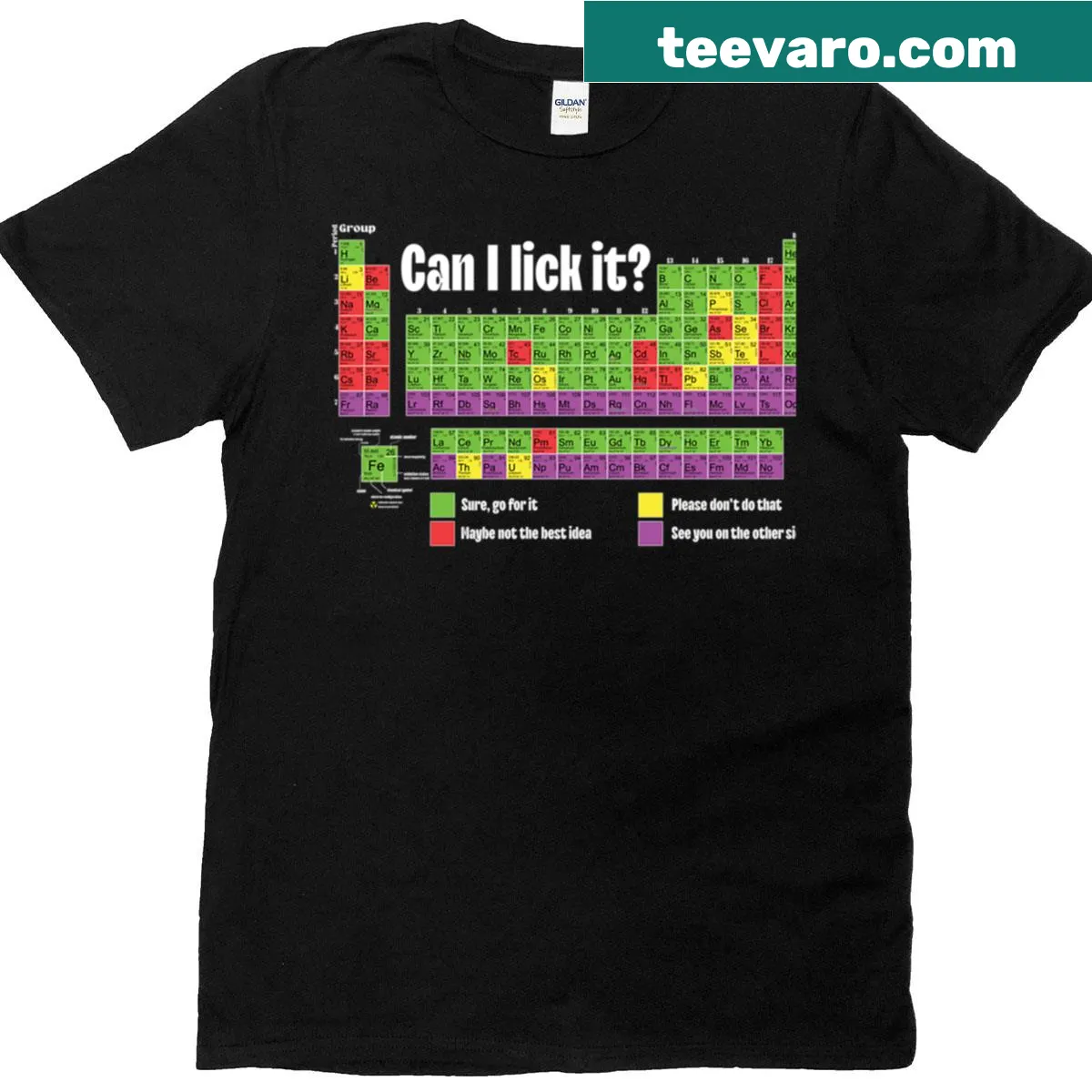 Funny periodic table t-shirt with the phrase Can I Lick It — on a men's t-shirt