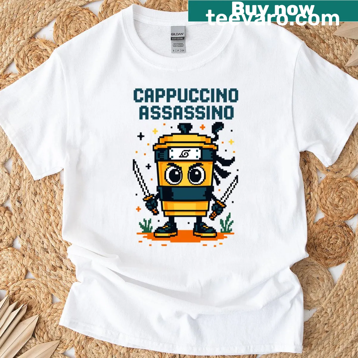 Pixel art coffee cup graphic T-shirt with humor for coffee lovers — on a men's t-shirt