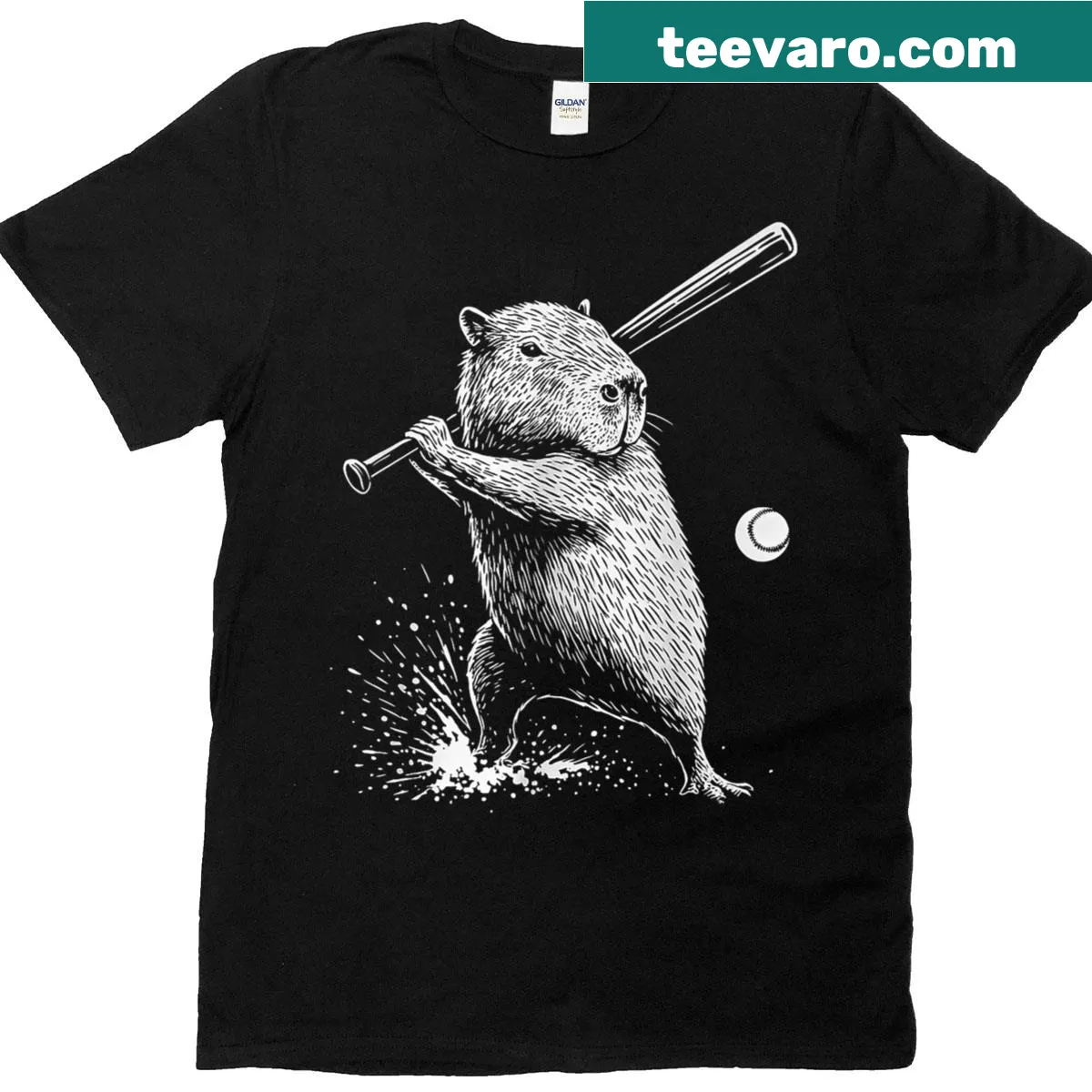 Playful capybara in a baseball theme on a T-shirt — on a men's t-shirt