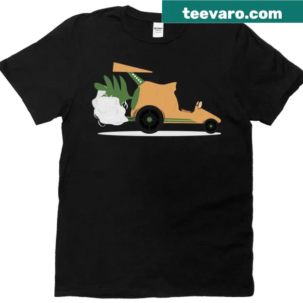 Whimsical T-shirt with a carrot illustrated as a race car