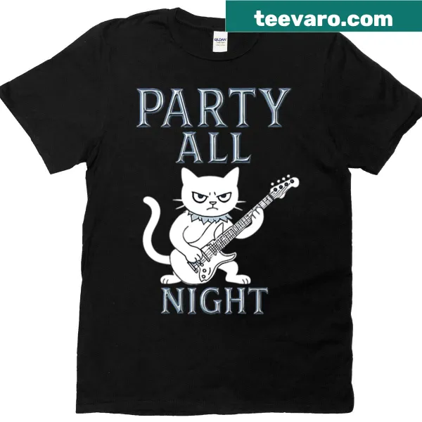 T-shirt with a cat playing electric guitar, themed for heavy metal fans