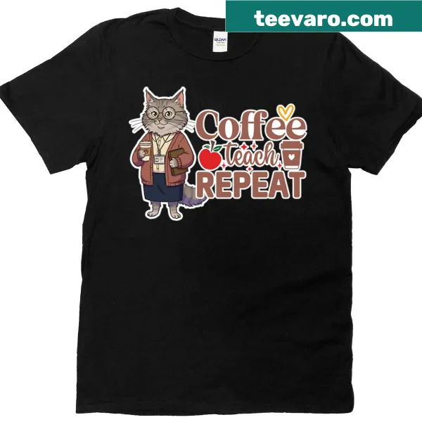 T-shirt featuring a cat teacher with coffee illustration