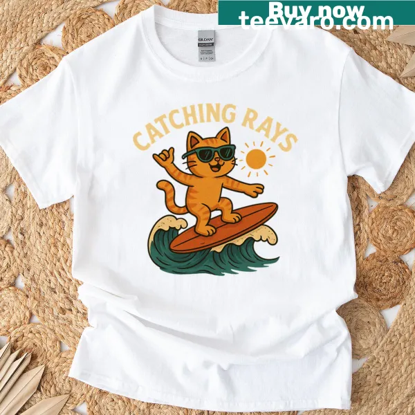 Illustration of a cat surfing on a T-shirt with summer vibes.