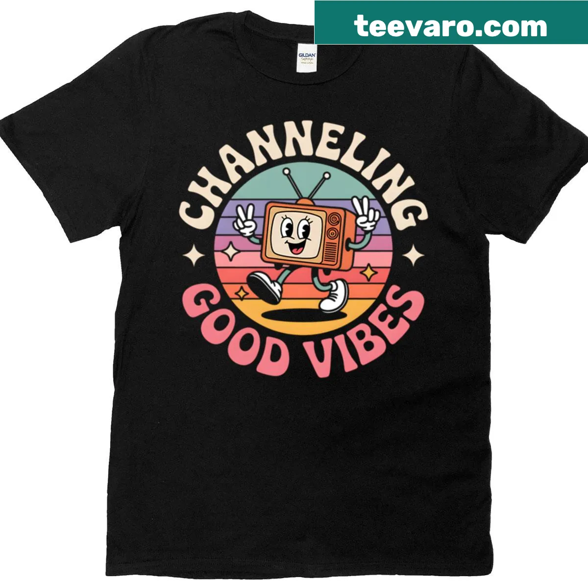 Retro cartoon TV peace sign t-shirt with good vibes theme — on a men's t-shirt