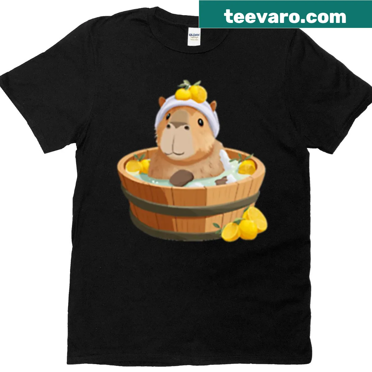 Chilling Capybara In Yuzu Bath T-shirt with cute cartoon — on a men's t-shirt