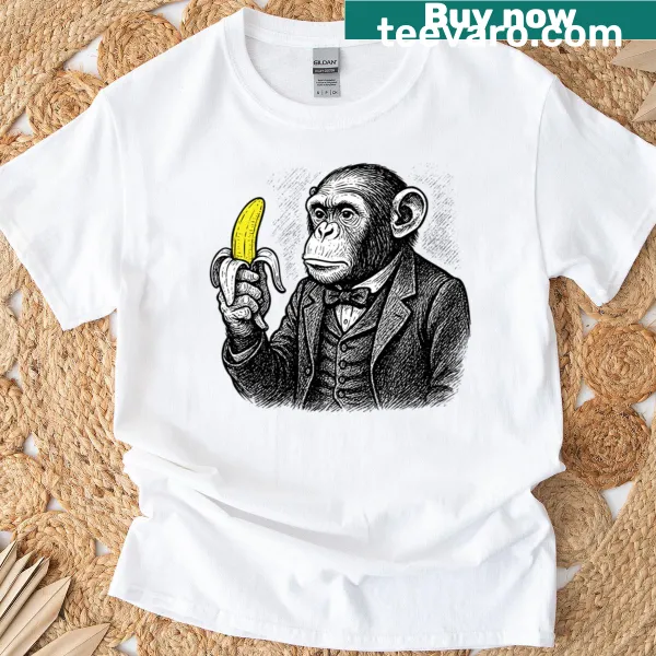 Vintage ink drawing of a chimpanzee with a peeled banana