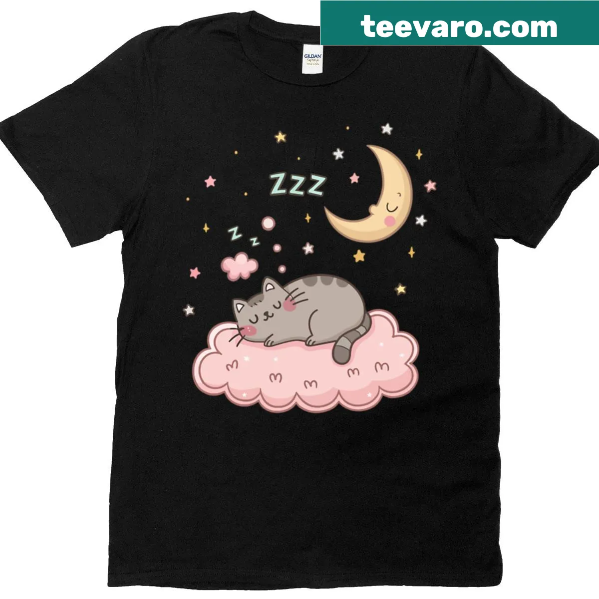 Kawaii-style T-shirt featuring a chubby dreamy cat graphic — on a men's t-shirt