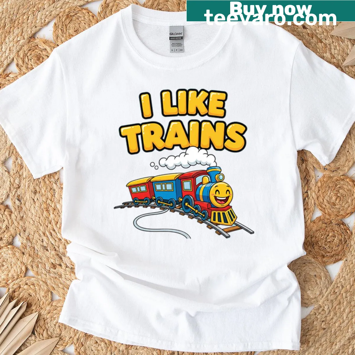 Playful t-shirt with 'Choo Choo I Like Trains' graphic — on a men's t-shirt