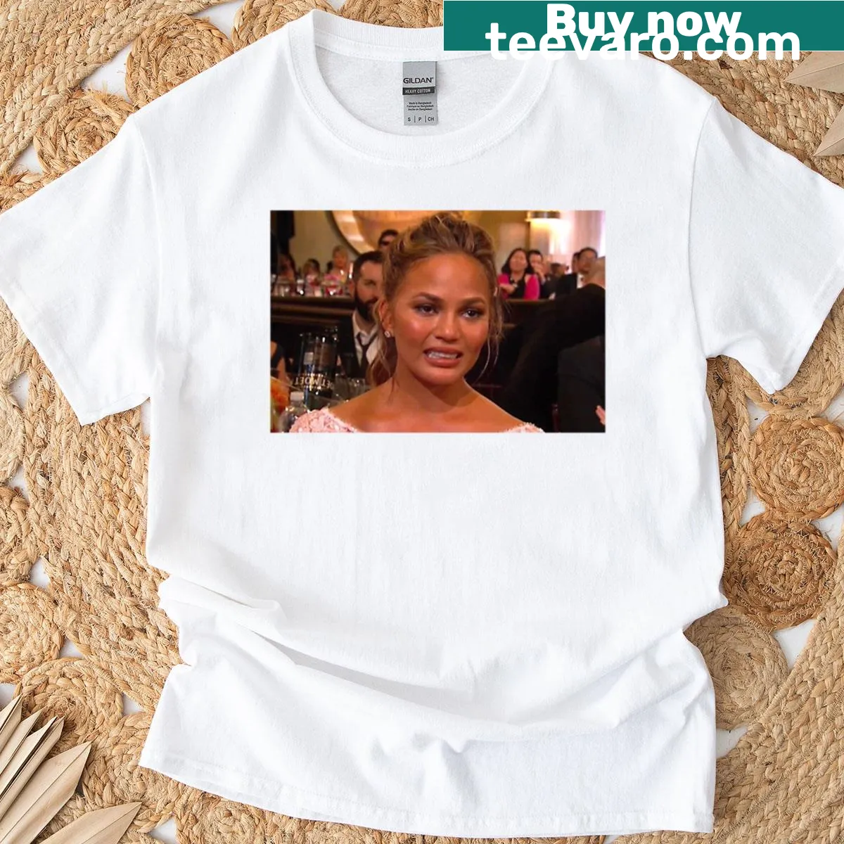 Humorous meme-inspired T-shirt featuring Chrissy Teigen illustration and witty phrase — on a men's t-shirt