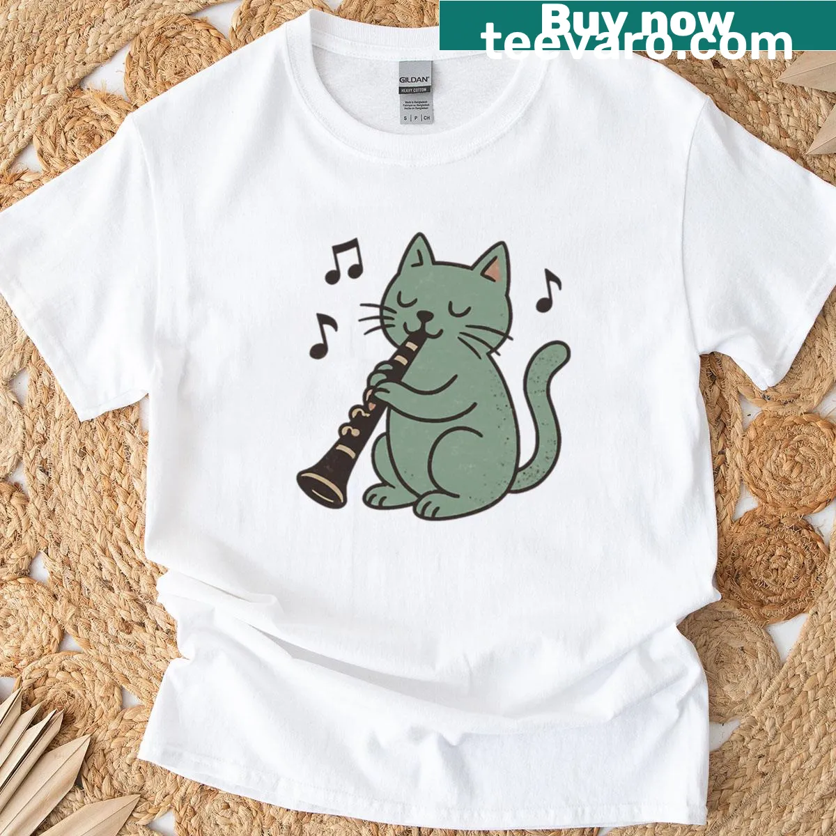 Cartoon cat playing clarinet graphic on a musical T-shirt — on a men's t-shirt