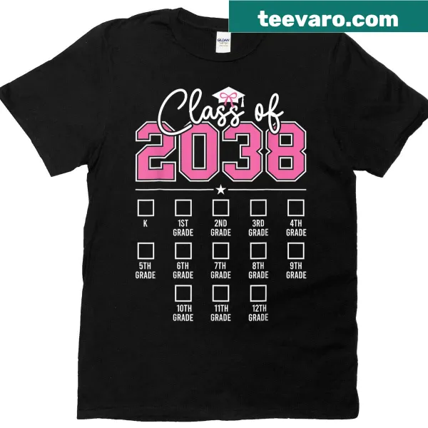 Cute kindergarten T-shirt with Class of 2038 text and a bow