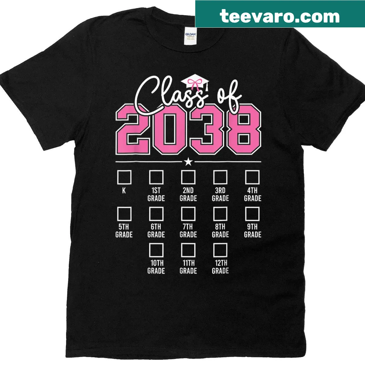 Cute kindergarten T-shirt with Class of 2038 text and a bow — on a men's t-shirt