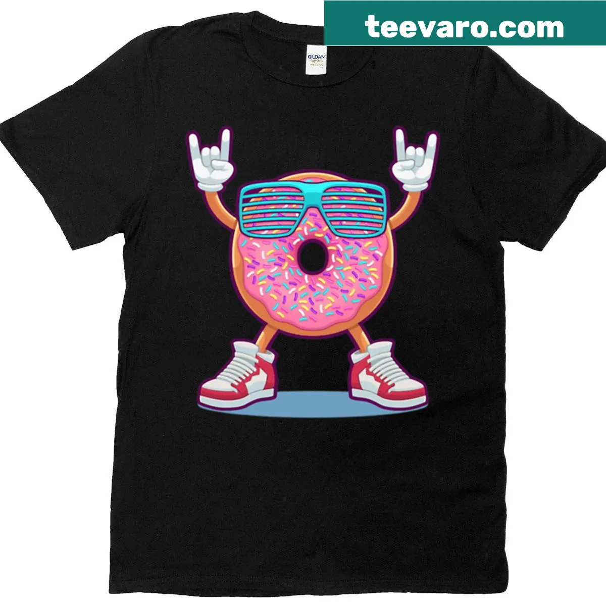 Cartoon doughnut rocking out on a playful t-shirt — on a men's t-shirt