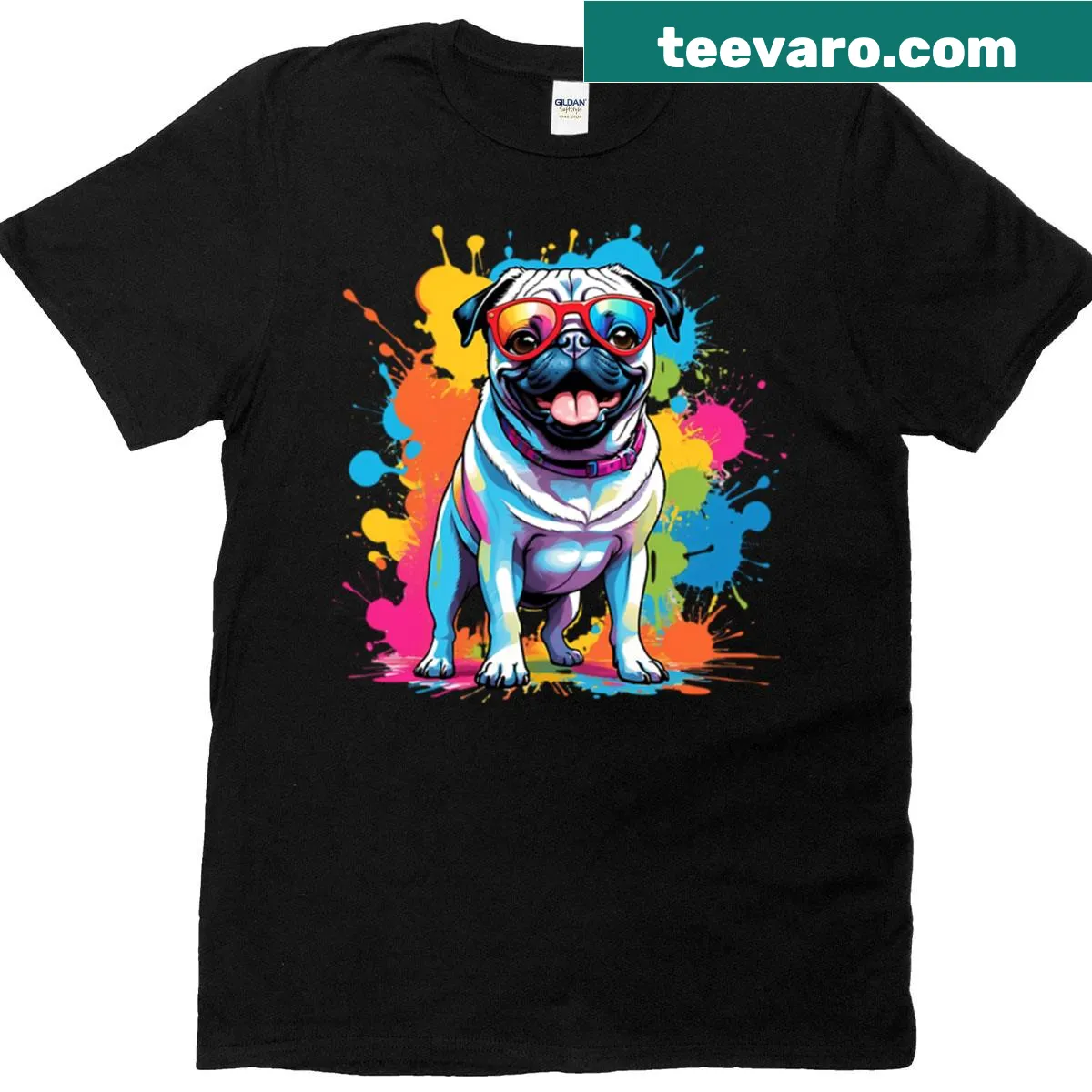 Pop art pug t-shirt with rainbow sunglasses design — on a men's t-shirt