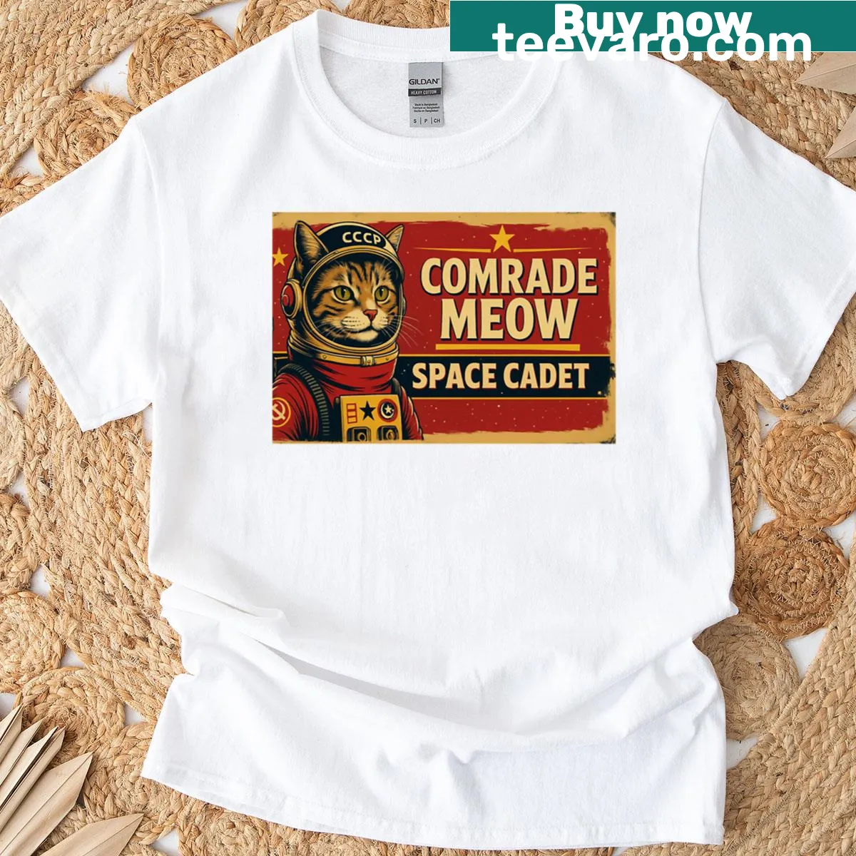 Retro design of a cat as a space cadet in vintage Soviet art style — on a men's t-shirt