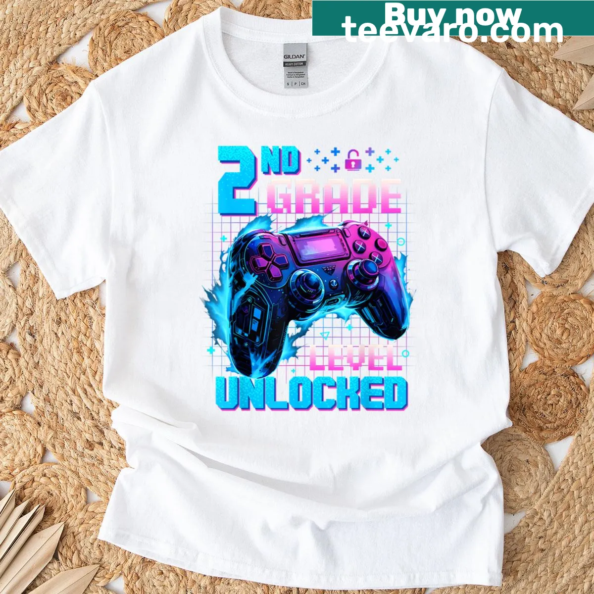 Second grade level unlocked gaming controller t-shirt — on a men's t-shirt