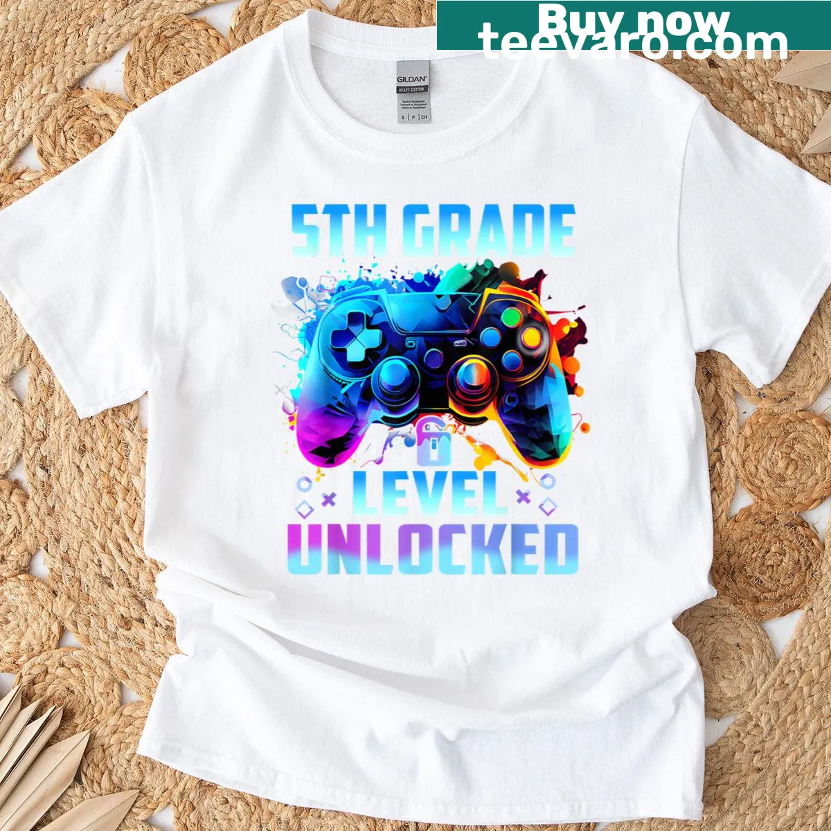 Controller graphic with '5th Grade Level Unlocked' text on a kids T-shirt — on a men's t-shirt