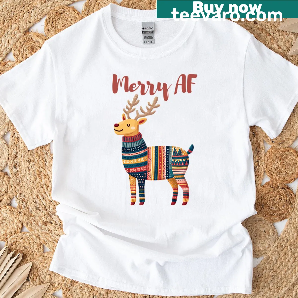 Festive reindeer illustration on a Christmas-themed t-shirt — on a men's t-shirt