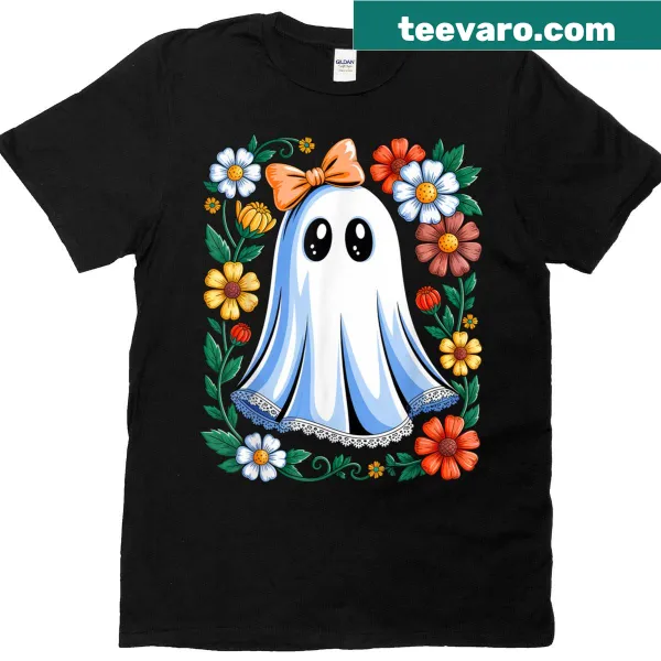 Cute Halloween T-shirt with ghosts and floral witch illustrations