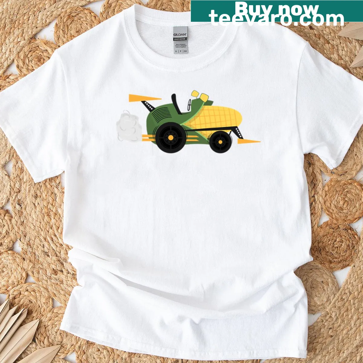 Cartoon graphic of a corn cob race car on an oversized T-shirt — on a men's t-shirt