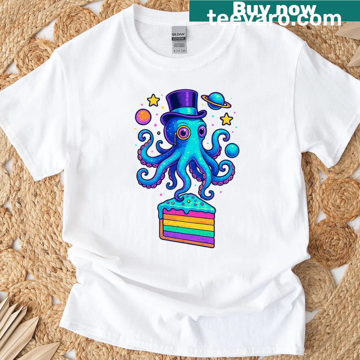 Cute cartoon octopus holding a rainbow cake on a t-shirt — on a men's t-shirt