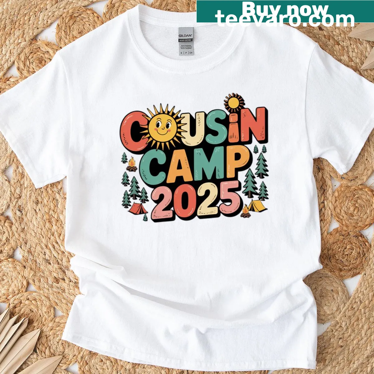 Camping-themed t-shirt for Cousin Camp with campfire graphic — on a men's t-shirt