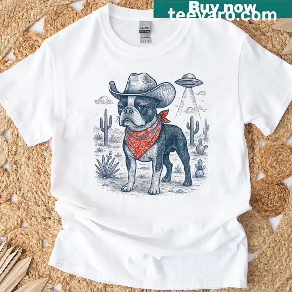 Illustration of a Boston Terrier in cowboy attire with a UFO in a desert scene