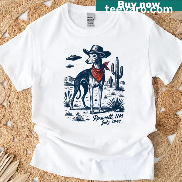 T-shirt with cowboy dog graphic and UFOs in the desert