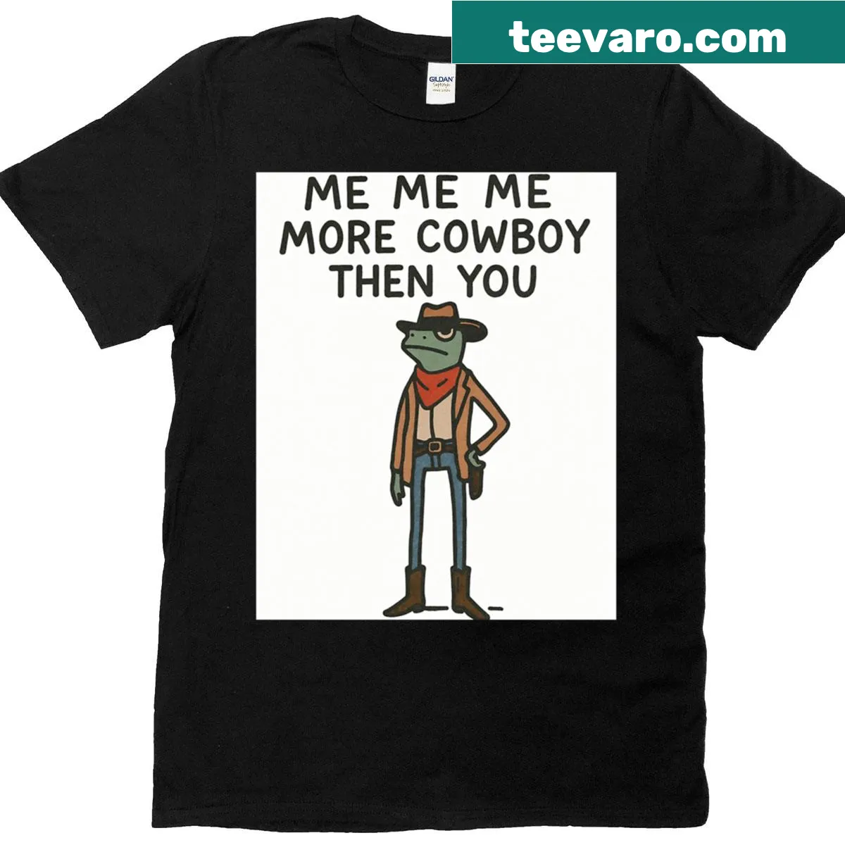 Graphic T-shirt featuring a whimsical cowboy frog illustration — on a men's t-shirt