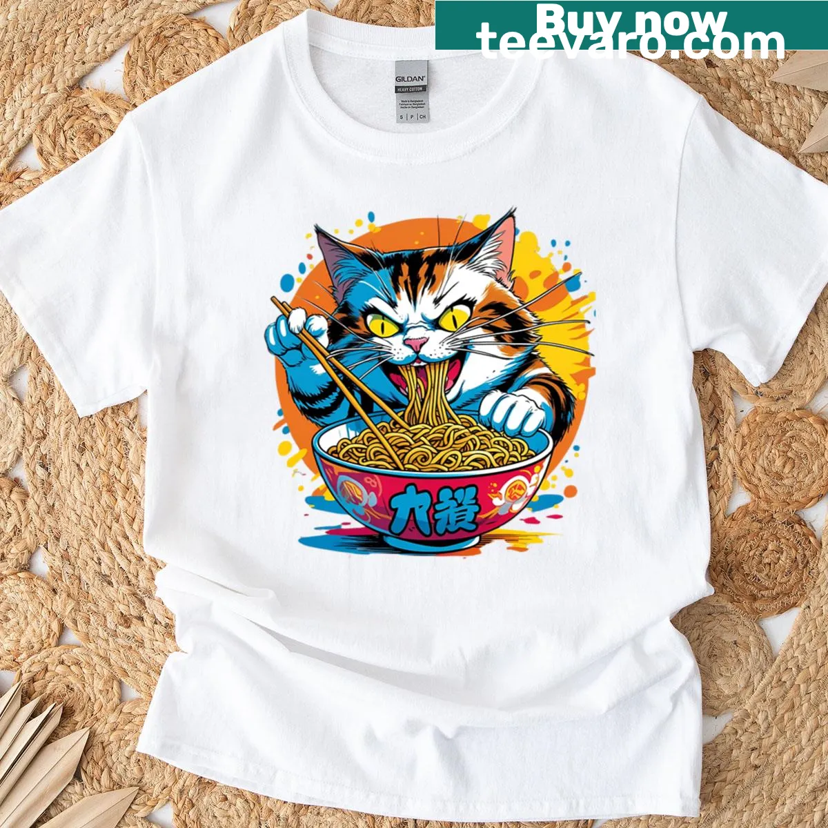 Cartoon graphic of a noodle cat on a humorous T-shirt — on a men's t-shirt
