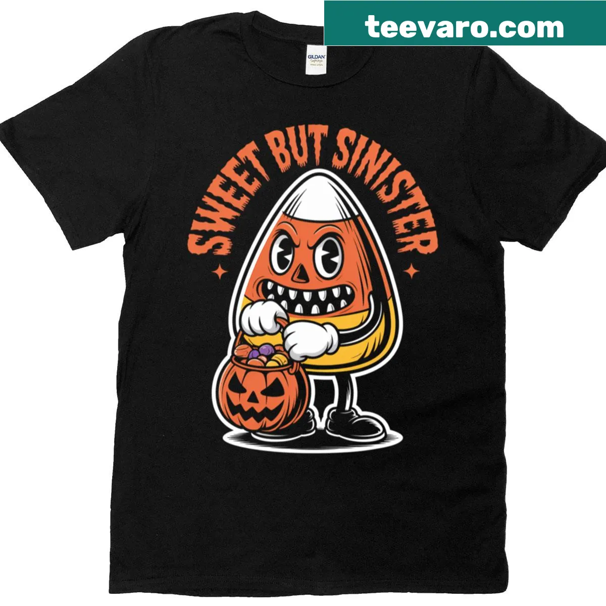 Oversized T-shirt with cartoon candy corn characters in spooky scenarios — on a men's t-shirt