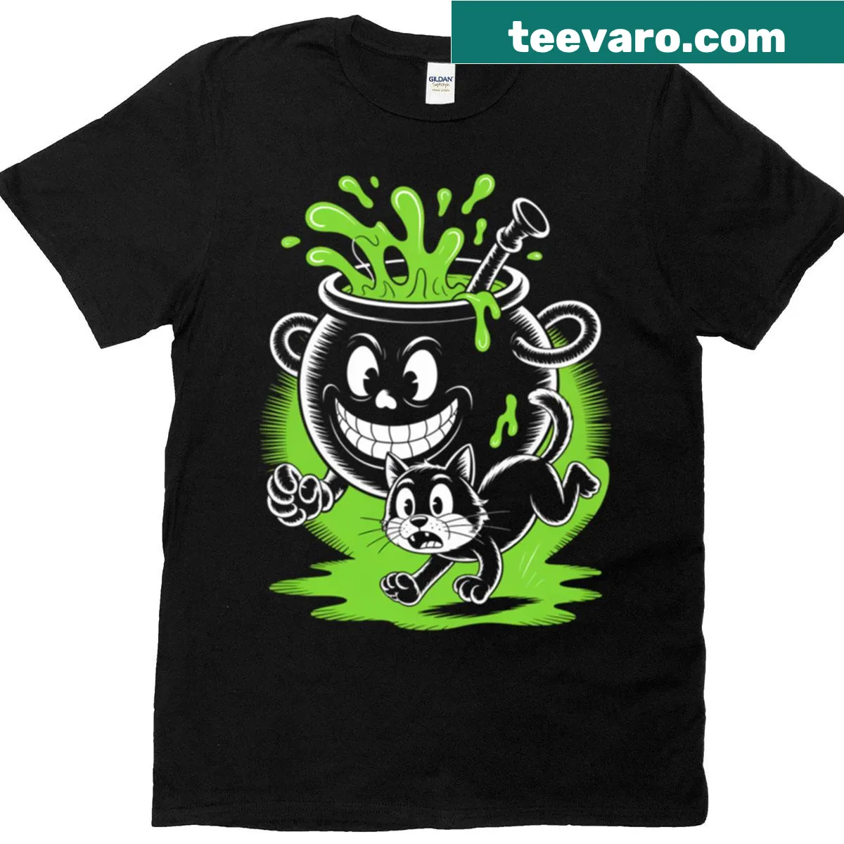 Oversized t-shirt with a creepy cauldron chase graphic — on a men's t-shirt