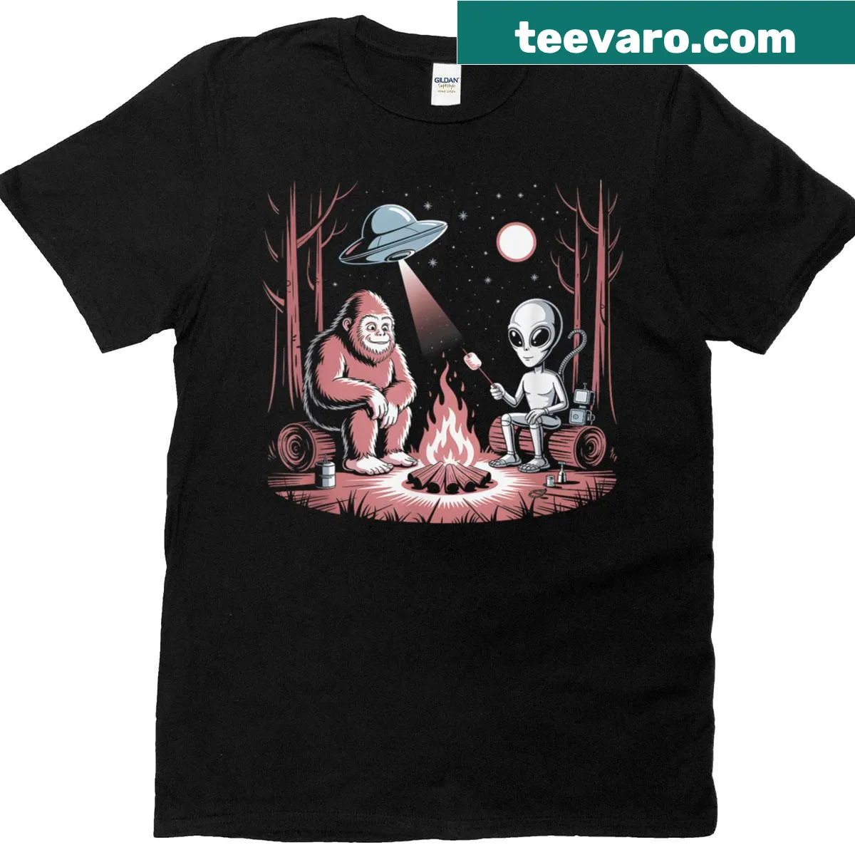 Alien and Bigfoot graphic T-shirt celebrating Area 51 — on a men's t-shirt
