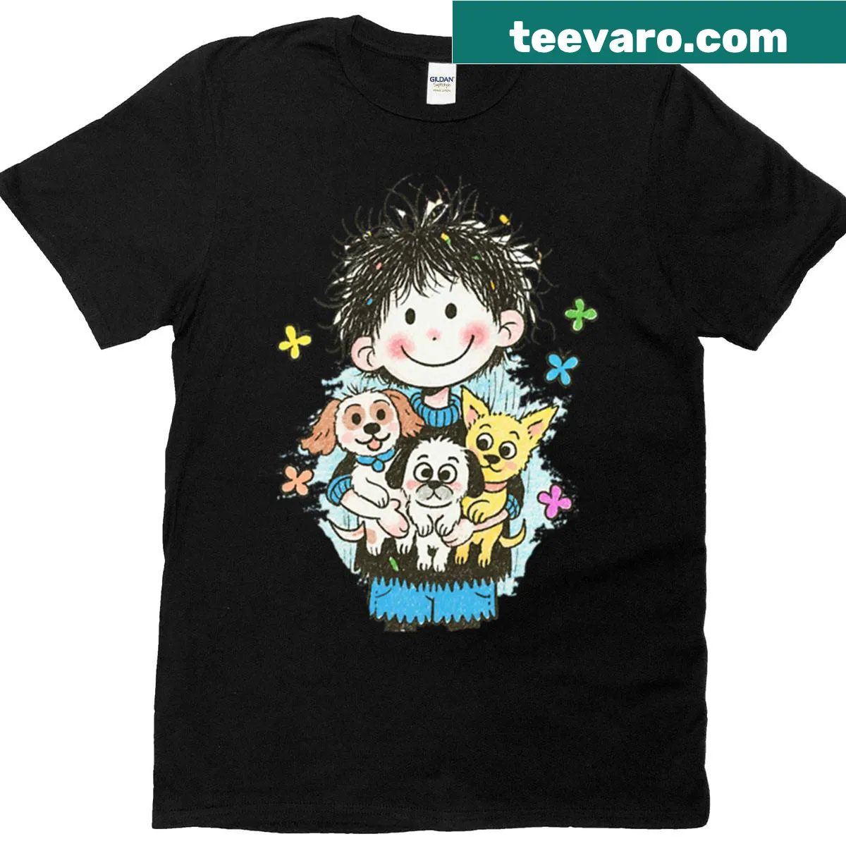 Oversized T-shirt with a cute graphic of a boy and small puppies — on a men's t-shirt