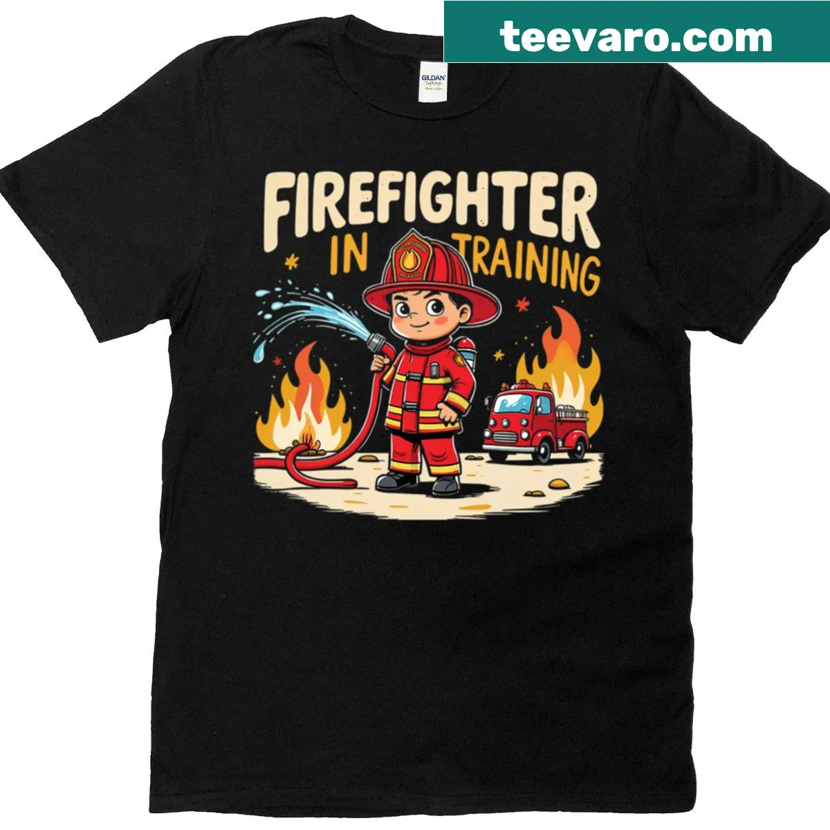 Cute T-shirt for kids featuring a firefighter design and fire engine — on a men's t-shirt