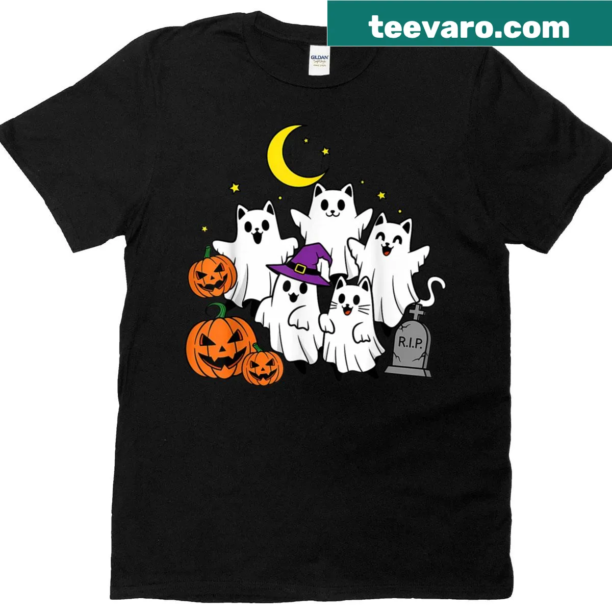 Cute ghost cats and pumpkins design on Halloween T-shirt — on a men's t-shirt