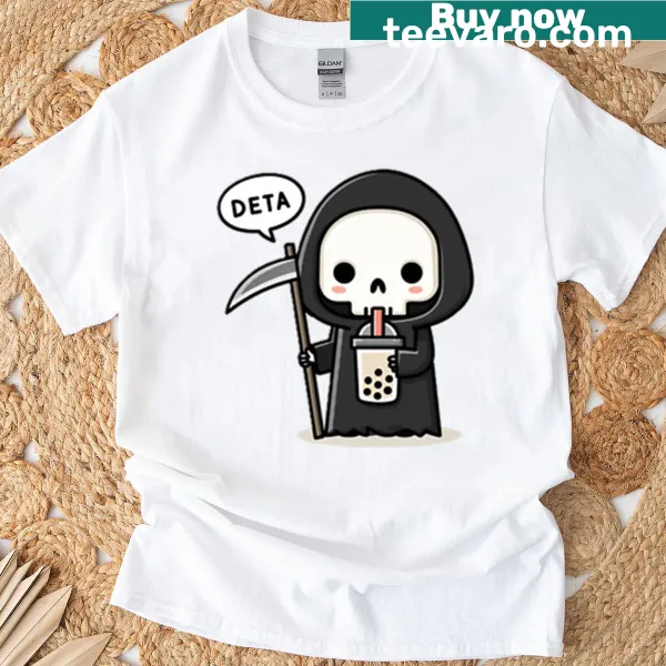Oversized t-shirt featuring a cute Grim Reaper drinking boba tea